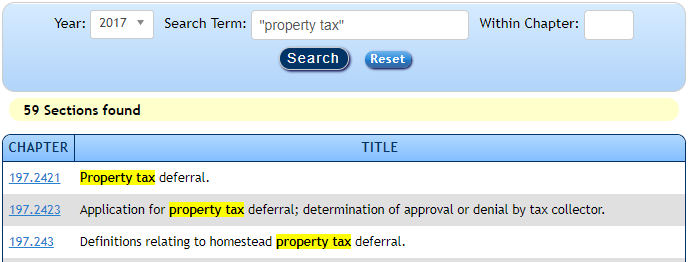 Example of Statutes results when entering 'property tax' in the Search Term field